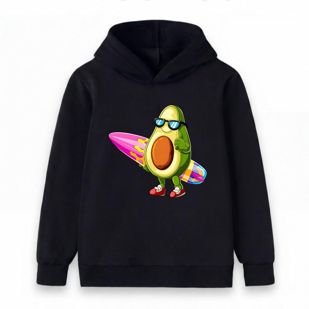 Kids Boys Girls Hoodie, Cool Avocado Surfer Cartoon Print Pullover Hooded Sweatshirt, Casual Long Sleeve Top for Beach Holiday Daily Wear 3-12 Years