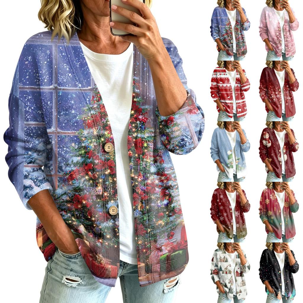 Women's Casual Trendy Christmas Print Long Sleeve Jacket for Holiday Celebrations