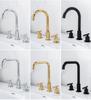 Basin Faucets Brass Polished Chrome Deck Mounted Round Bathroom Sink Faucets 3 Holes Double Handles Hot And Cold Water Tap