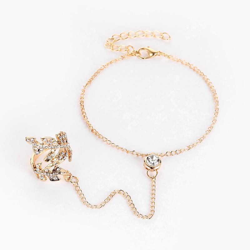 Fashionable European & American Knuckle Ring with Diamond-Studded Leaf Design and Attached Bracelet for Women