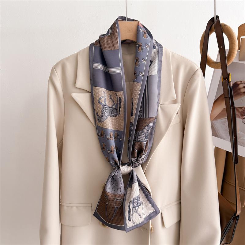 New temperament double-layer scarf streamer strap bag decoration suit scarf small long headband silk scarf women's printing narrow