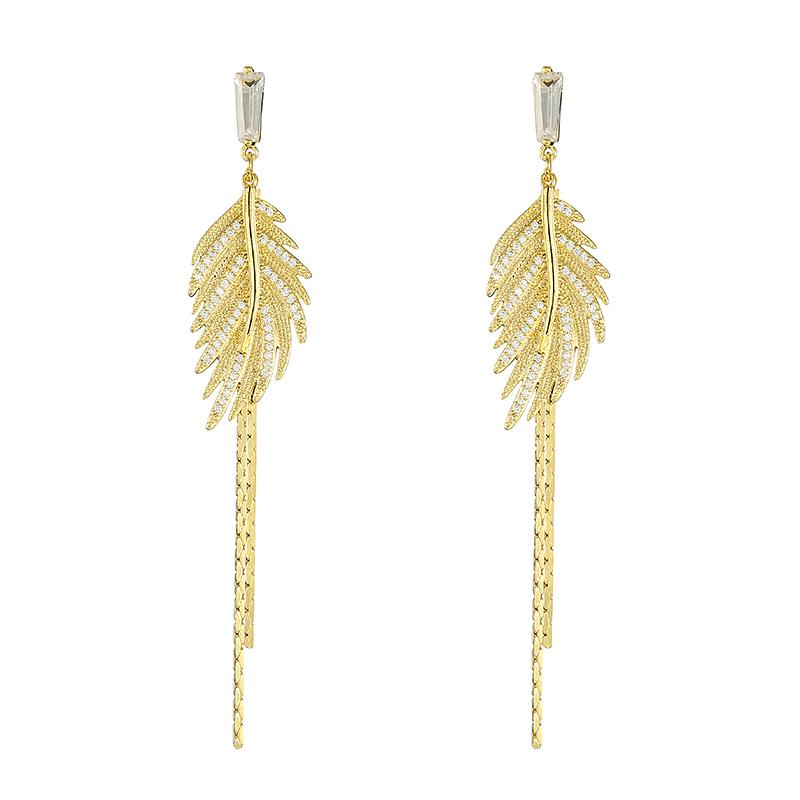 Luxury 14K Real Gold Plated Leaves Tassel Stud Earrings for Women Trending Cubic Zircon Wedding Jewelry