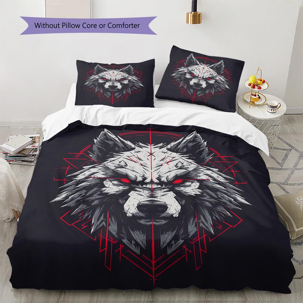 Red-Eyed Wolf  Pattern Bedding Quilt Set Quilt Cover Pillowcase Home Decoration  Gift (1 * Duvet Cover + 2 * Pillowcase, Without Core)