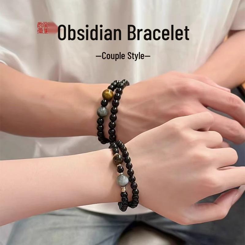 Natural Obsidian & Tiger's Eye Double-Strand Luxury Couple Bracelet 