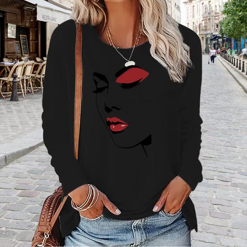 Topper for kvinner Sexy trykk av ansiktstrekk Rund hals Langermet T-skjorte Høst Casual Slim Pullover Dame Langermet Topp