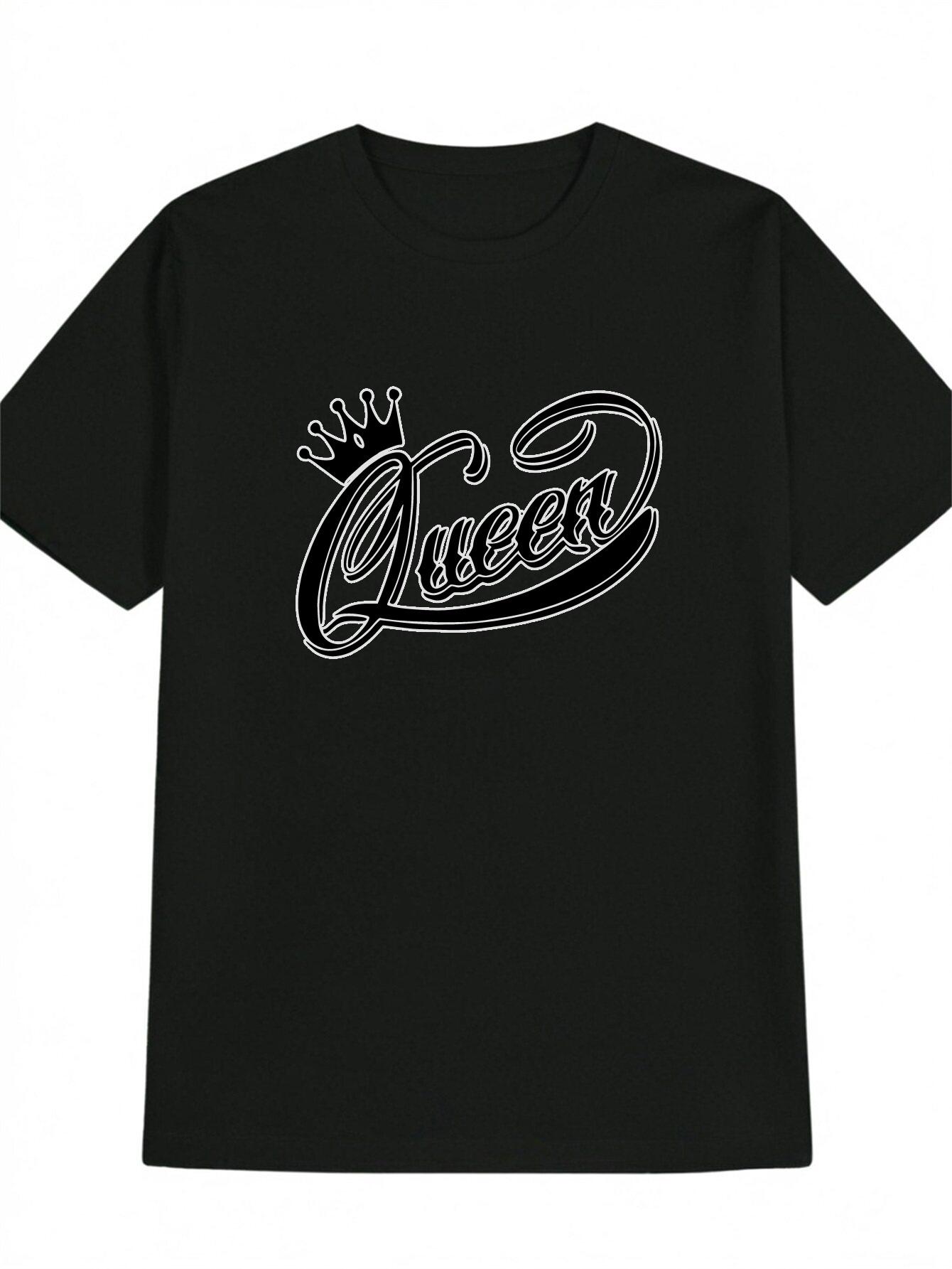 Casual Short Sleeve T-shirt with Queen Crown & Script Logo Print - Black Regular Fit Summer Top S