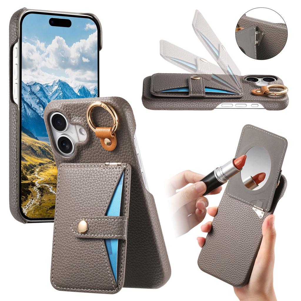 Cards Solt Ring Holder Lychee Pattern Leather Case for iPhone 17 Pro Max 16 15 14 13 12 11 with Makeup Mirror Shockproof Cover