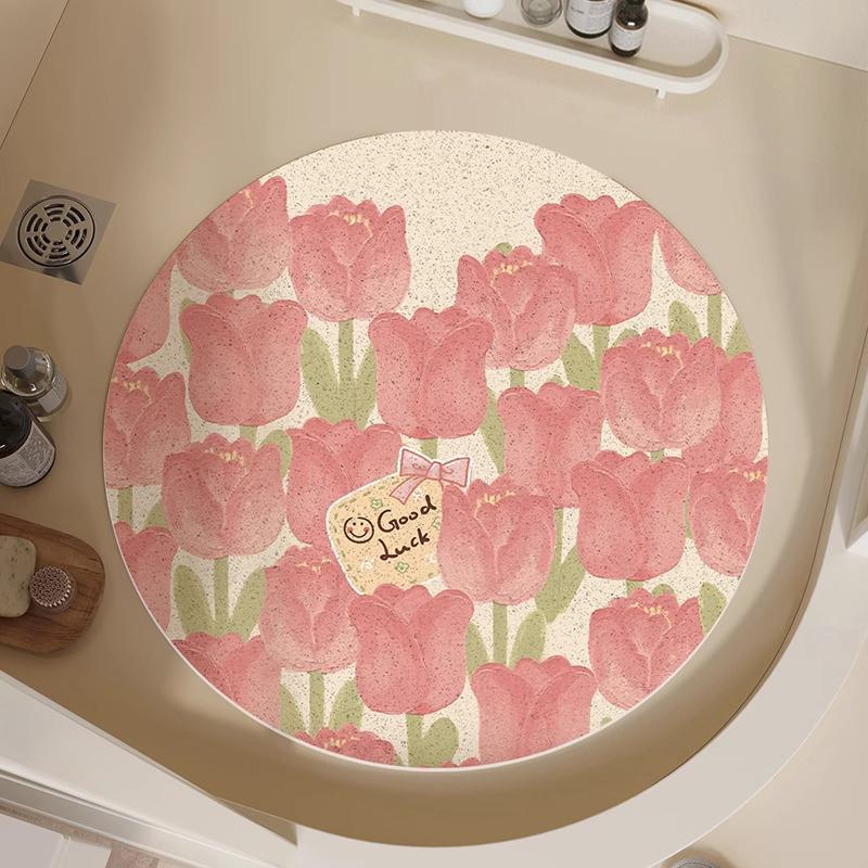 

Non-slip Bathroom Carpet Pink Flower Pattern Round Rug Dirt-resistant Wear-resistant Floor Mat Home Decoration Foot Mats Diameter 60cm