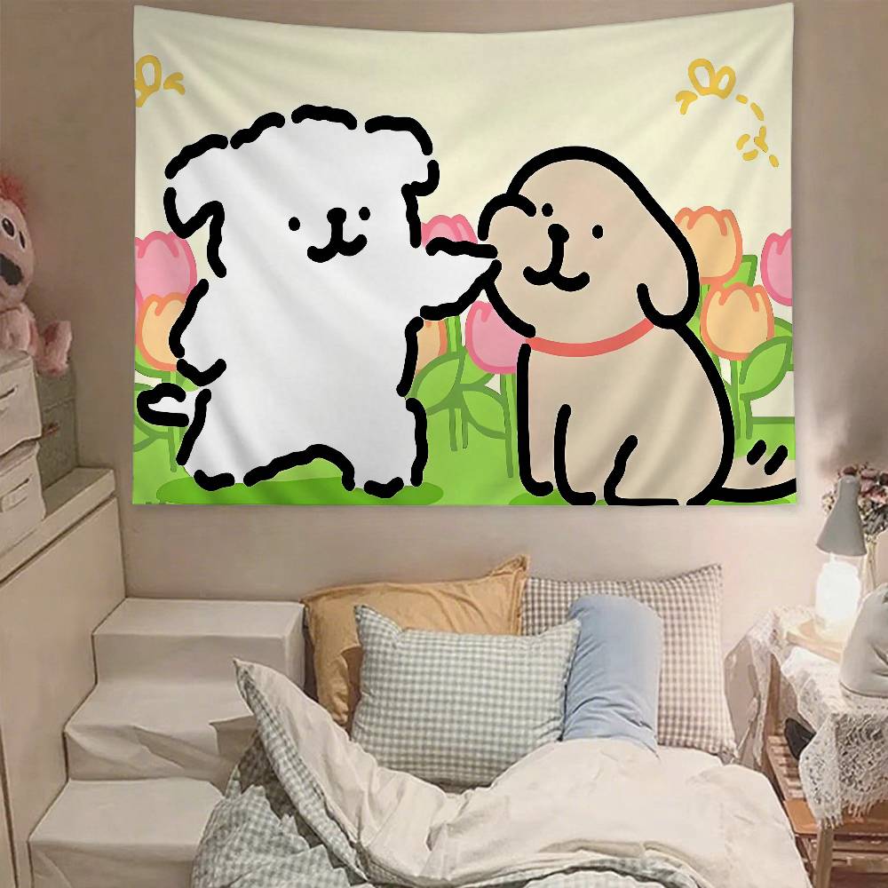 Cute Line Puppy Tapestry Wall Hanging Tapestry Art Deco Blanket Curtain Hanging At Home Bedroom Living Room Decor