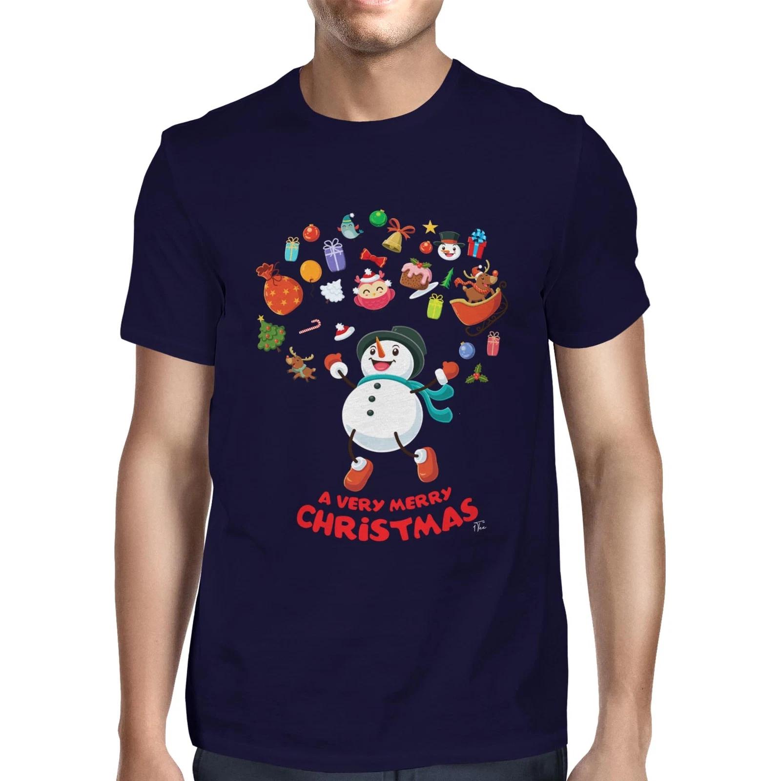 1Tee Mens Merry Christmas Snowman Surrounded by Christmas Favourites T-Shirt XXL