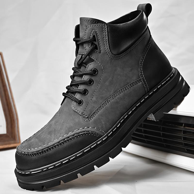 Nya Fritidsskor för Herrar, Gröna&Gråa Tooling Läderkängor med Valfritt Fleecefoder, Slitstark Plattformsstövel för Höst Vinter
