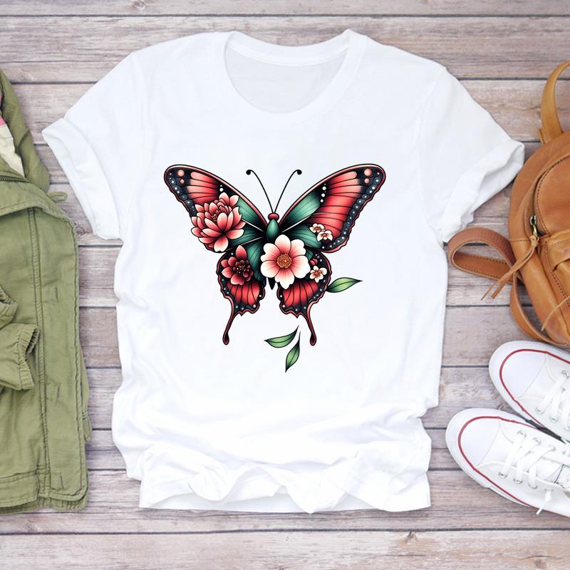 (Asian Size) Women Lovely Flower Trend Tee Top Clothing Casual  Short Sleeve T Shirt Fashion Print Lady Female Graphic T-shirts