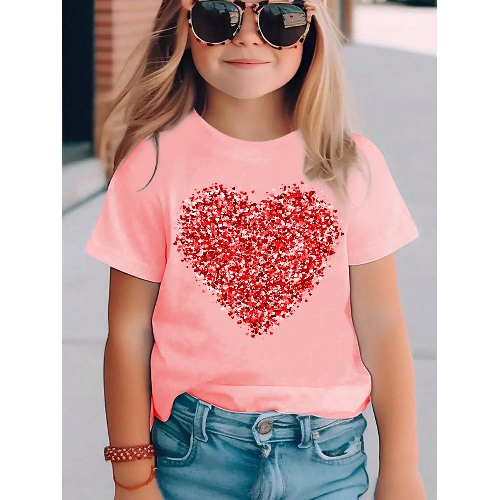 Summer Fashion Girls Short-sleeved T-shirt Red Love Element Printed Casual Versatile Top