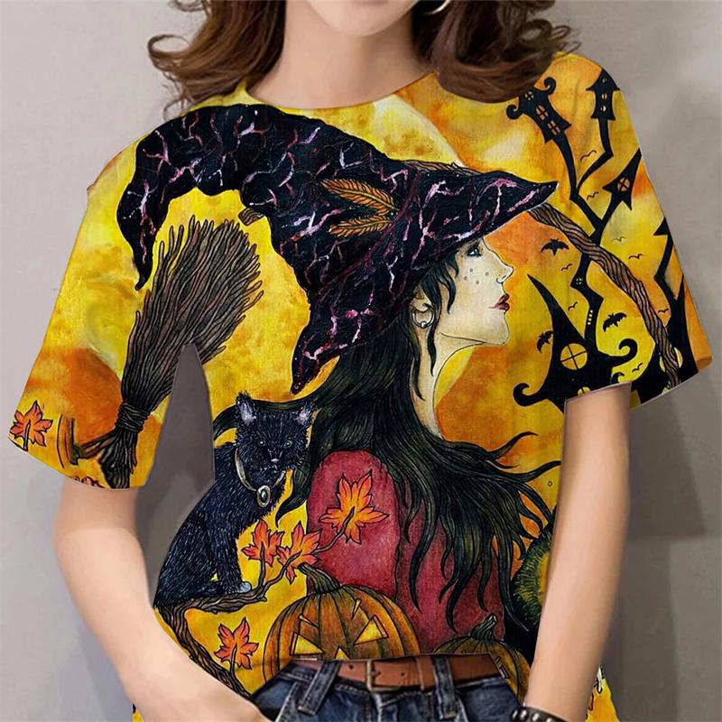 Halloween Pattern T Shirt For Women Witch 3D Printed Short Sleeves Summer Casual Oversized T-Shirts O-Neck Tops Tees Streetwear