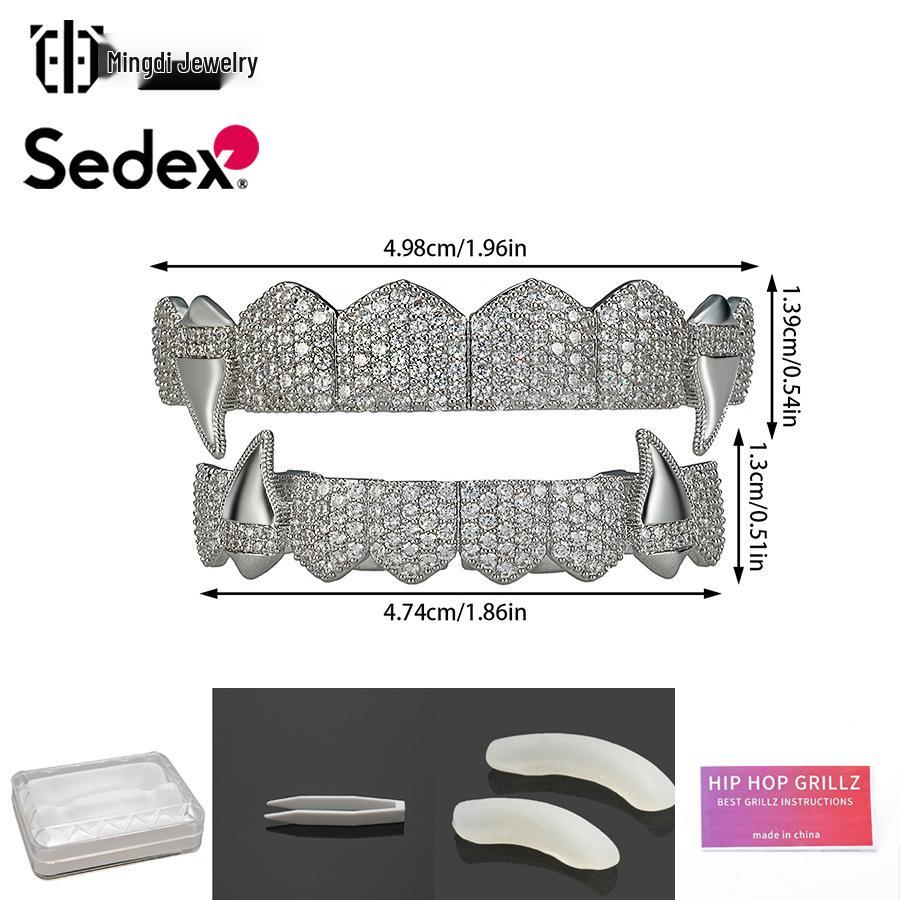 Grillz din Cupru Placat cu Aur Real de 14K și Zirconiu – Halloween Hip Hop Exagerat Rap Bijuterii pentru Dinți cu Diamante