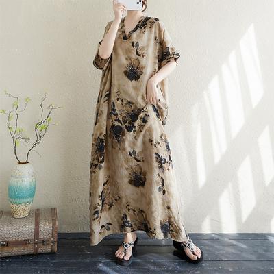 Real Shot Summer V-neck Thin Cotton and Linen Large Size Loose Literary Holiday Wind Beach Skirt Covering Meat Long Robe