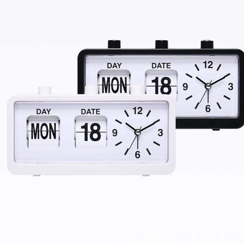 Classical Retro Mechanical Alarm Clock with Manual Flipped Calendar Date Day Time Display for Living Room or Office