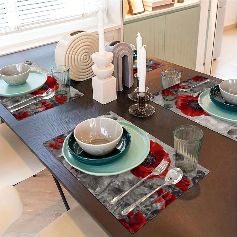 4pcs Red Poppy Floral Linen Placemats 12x18 Inch - Elegant Table Decor for Dining, Kitchen, and Parties, Machine Washable, Durable Design with