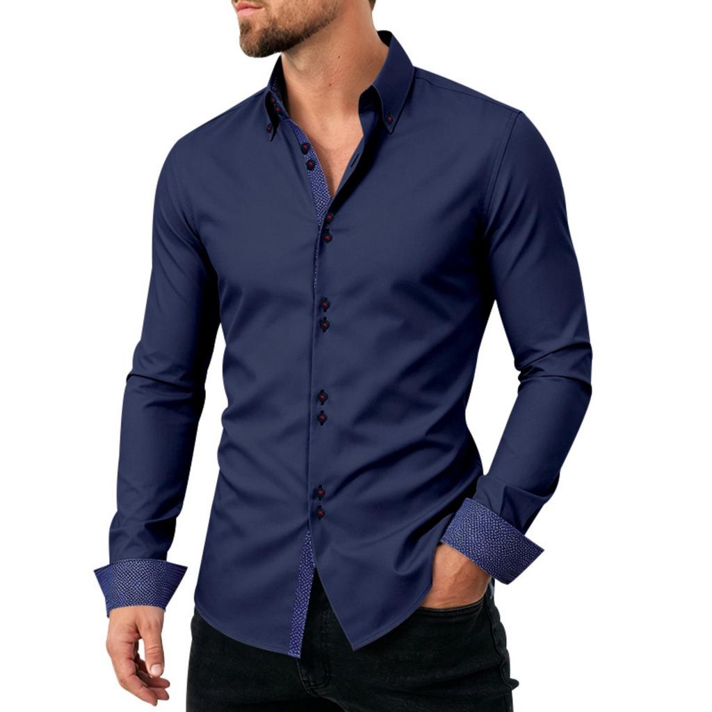 Men's Casual Business Long Sleeve Shirt Stretch Breathable Double Button Collar Slim Fit Dress Shirt for Office Work or Formal Occasions