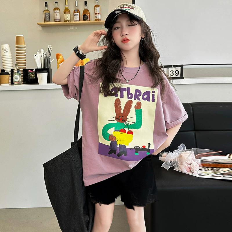 

Summer Girls Cotton Casual Loose Cartoon Print T-Shirt Tops School Kids Children Outfits 5-16 Y 170 лавандовий