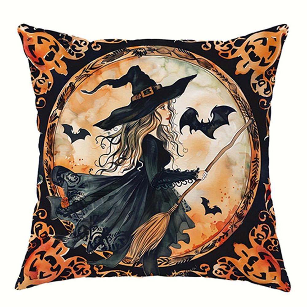 Halloween Decorative Pillowcase, Witch Pumpkin Cat Castle Pattern, Suitable for Home Room Living Room Sofa Cushion Cover