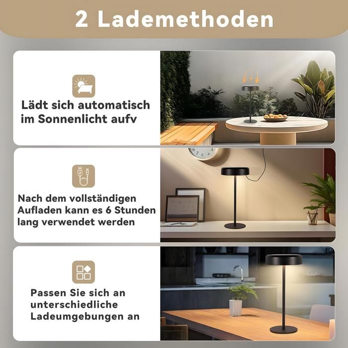 Lampe de table - NETTLIFE - Lampe de table à batterie solaire - 3600 mAh - Tactile dimmable - Sans fil/USB