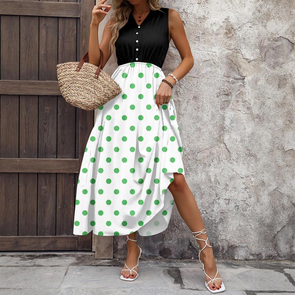 Dámské ležérní a módní šaty střední délky bez rukávů s potiskem a výstřihem do V