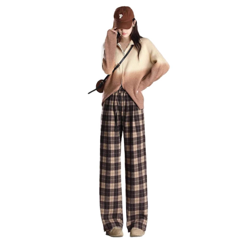 Women's Retro Wool Plaid Velvet-Lined Wide-Leg Pants