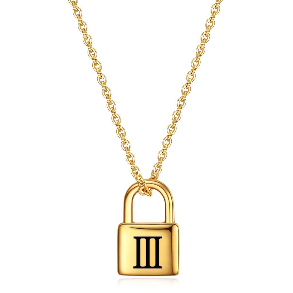 12MM Padlock Laser-Engraved Roman Numerals Stainless Steel Necklace