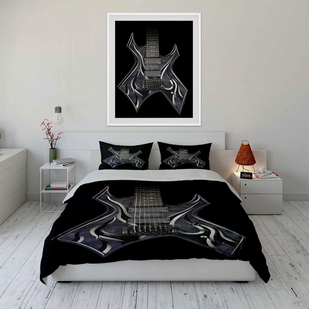 Electric Guitar Print Bed Set Black Style Bedding Set (1 Duvet Cover, 2 Pillowcases, Duvet Not Included)