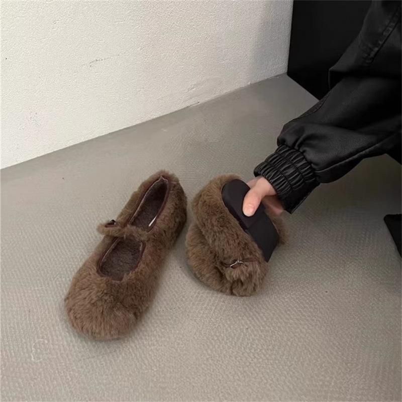 Höst Sweet White Mary Jane Skor Shallow Mouth Päls Platt Skor Lammull Skor med enknapps Balett Flats Sko