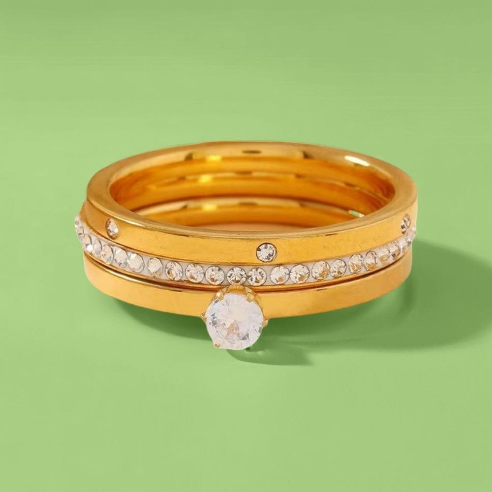 3pcs Set Trendy Charm Shining Zircon Gold Color Stainless Steel Plain Ring Set for Men Women Couple Stackable Rings Jewelry Gift