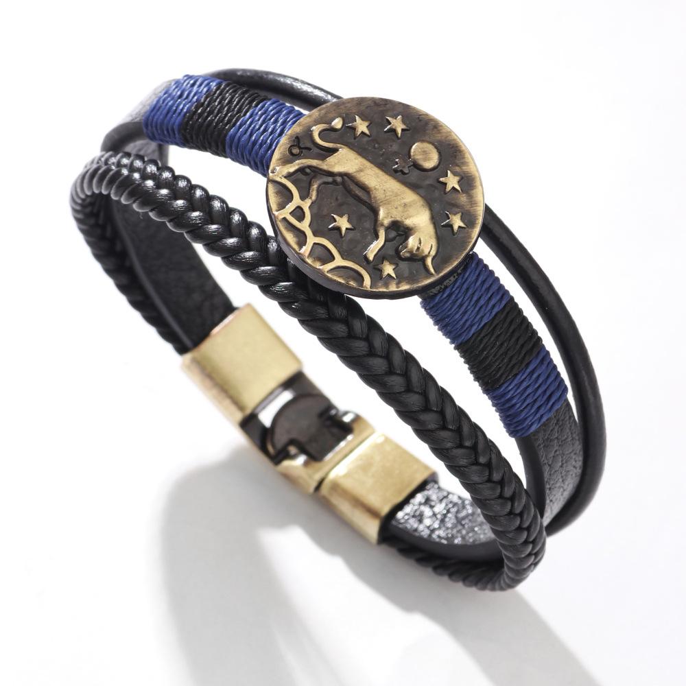 JMXD 12 Zodiac Punk Style Studded Leather Bracelet Hand-Woven Rope Zodiac Band Fashion Accessory Unisex Gift