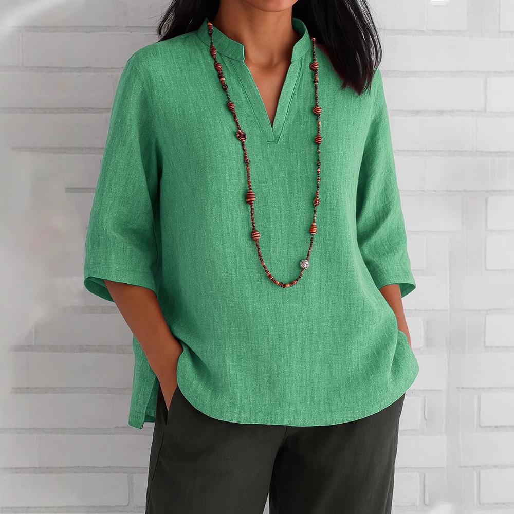 Summer Women's V-Neck Blouse Fashion Seven Quarter Sleeve Cotton Linen Loose Casual Shirts