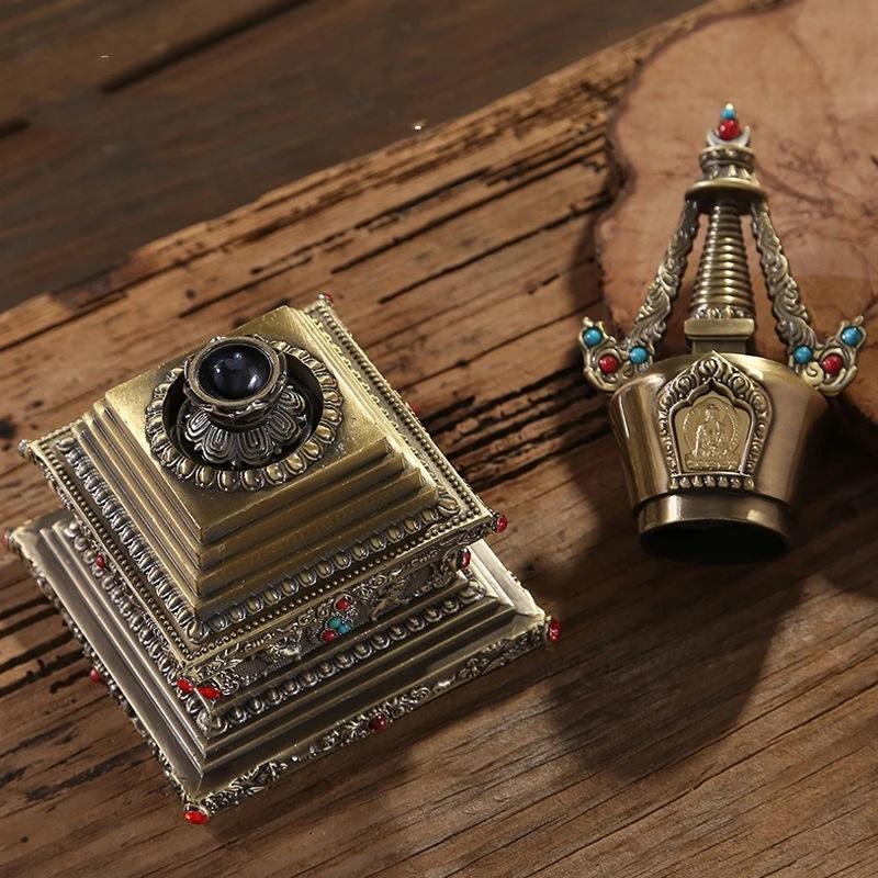 Bronze Tibetan Stupa Tantric Engraved Buddhist Statue Pearl Inlaid Gemstone Alloy Handicraft Altars Indoor Desktop Decorative