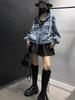 European Women's Denim Jacket: Spring 2026 New Arrival, Striped Patchwork, Large Pockets, Loose Fit, Hooded, Long Sleeve