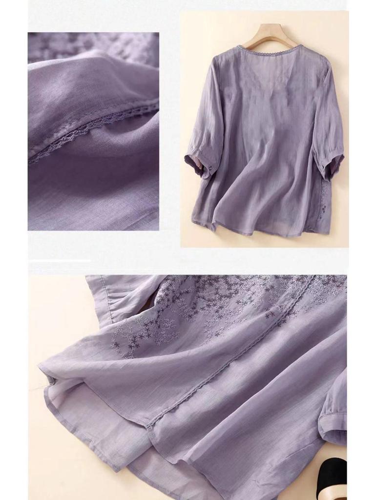 2024 Summer Embroidered Lace Cotton Linen Plus Size Short Sleeve Slimming Blouse