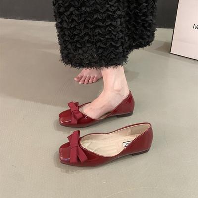 Flat Heel Soft Leather Bow Light Mouth Square Head Single Shoes Women's Autumn New Shoes Commuter Versatile Soft Sole Ladyshoes