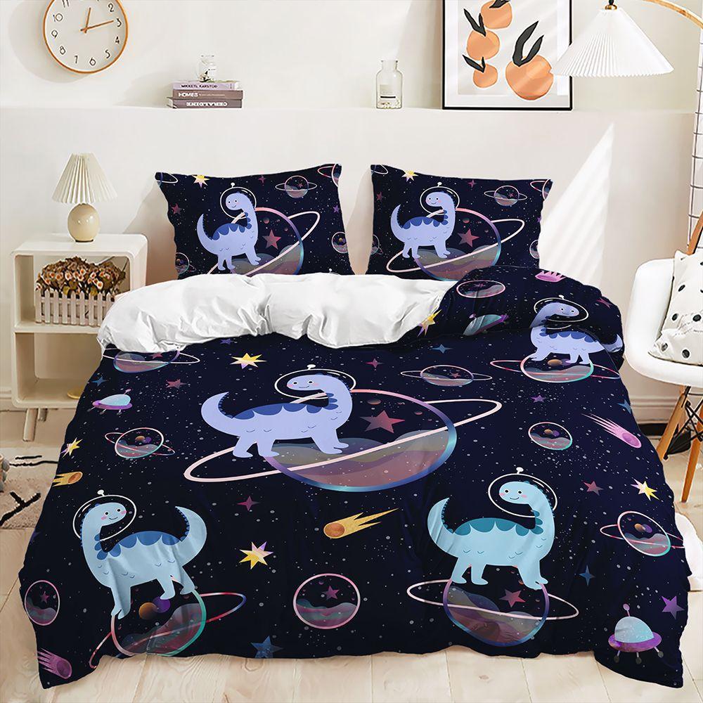 Cartoon Little Dinosaur Three-Piece Digital Printing Duvet Set Suitable For Children'S Bedroom Decoration