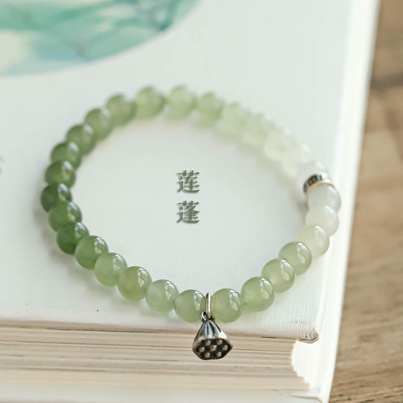 Natural Hetian Jade Gradient Bracelet In Blue and White, New Chinese Style, Artistic Retro Design, "Peace Every Year" Pure Silver Fortune Charm