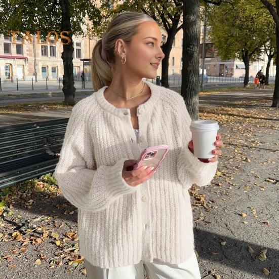 Casaco suéter feminino gola redonda manga comprida cor sólida botão para baixo cardigan suéter grosso quente malha outwear