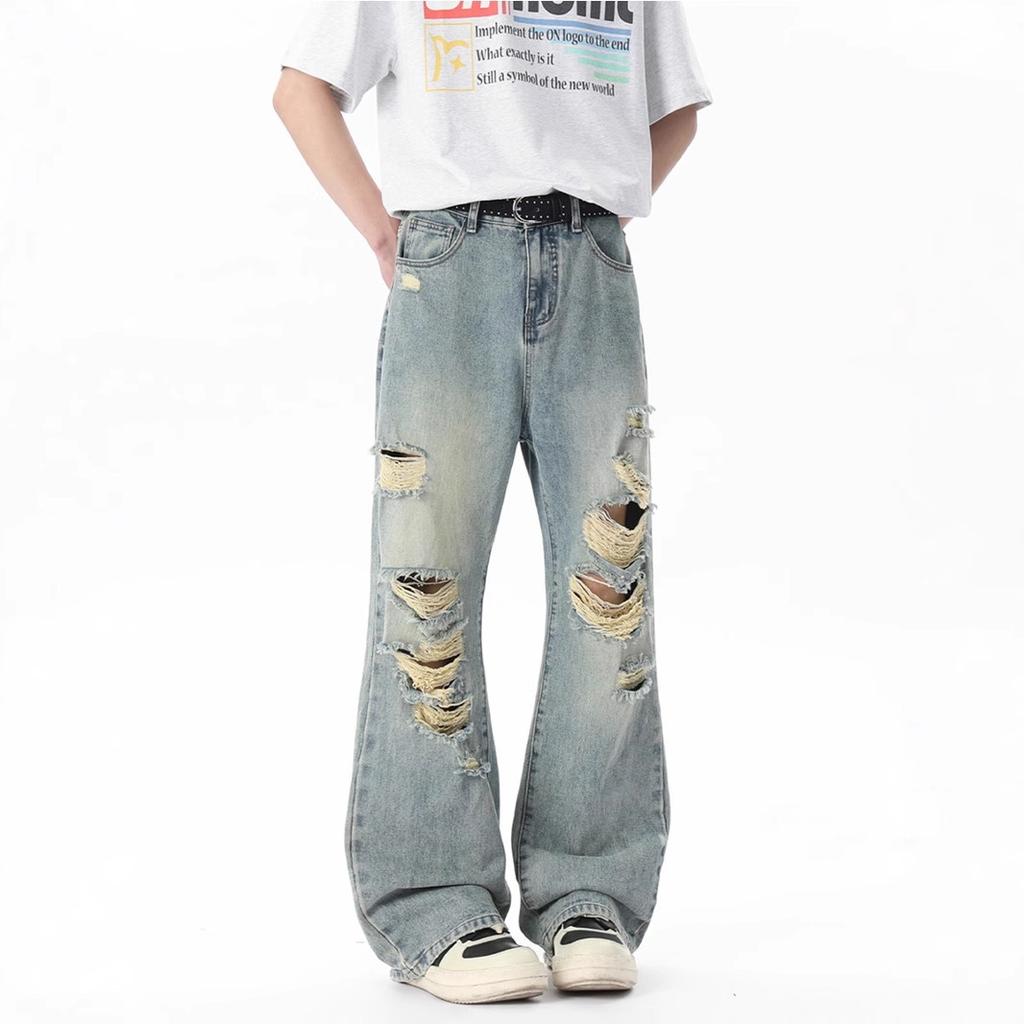 American ripped jeans men's new summer trend wear thin high street ruffian handsome loose wide-leg pants