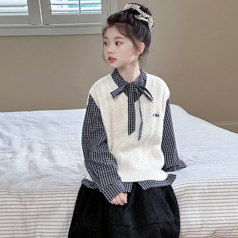 

Комплект рубашки и свитера-жилета в стиле колледжа для девочек, весна/осень 2025, для детей среднего и старшего возраста 160cm