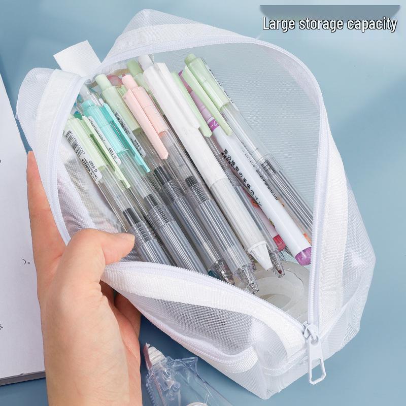 Huajie Double Layer Transparent Pencil Case - Mesh Stationery Bag for Exams
