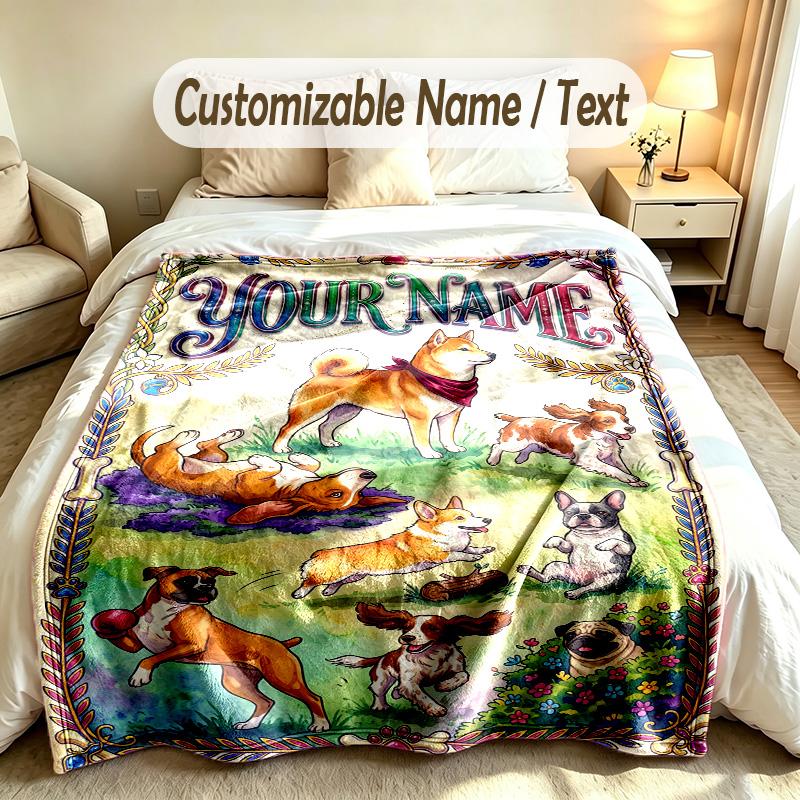 Dog Theme Soft Blanket Personalized Custom Name Text Print Warm Blanket Home Sofa Bedroom Decor