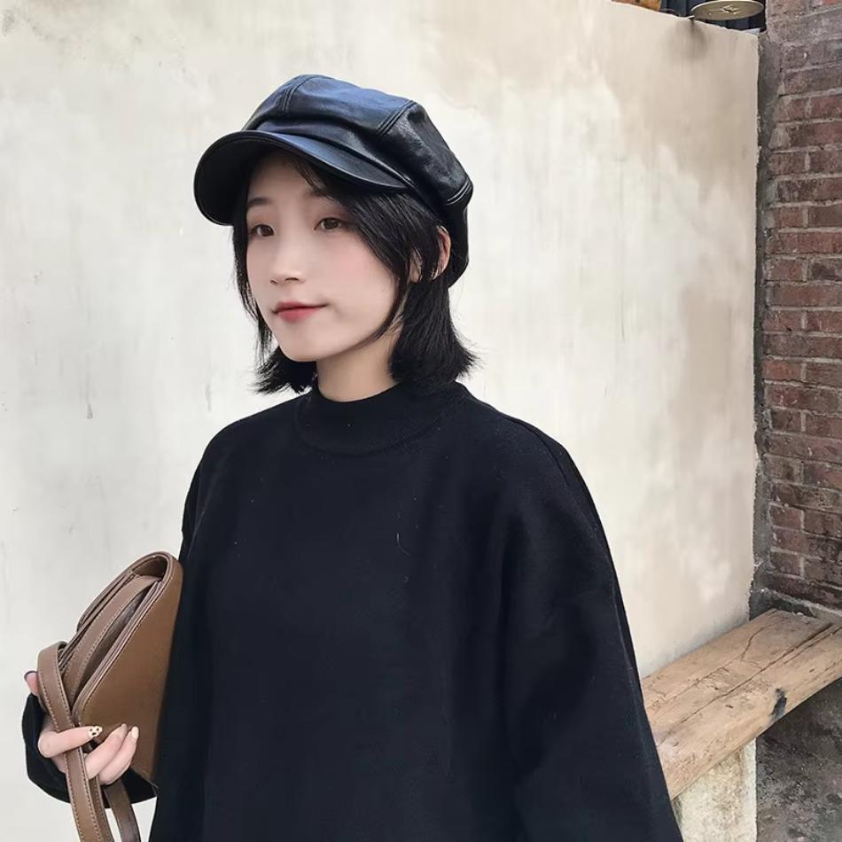Osmihranný baret z PU kůže Podzim Zima Dámský Jednobarevný Barety Baseballová čepice Dámský Vysoce kvalitní Newsboy Cabbie Beanie