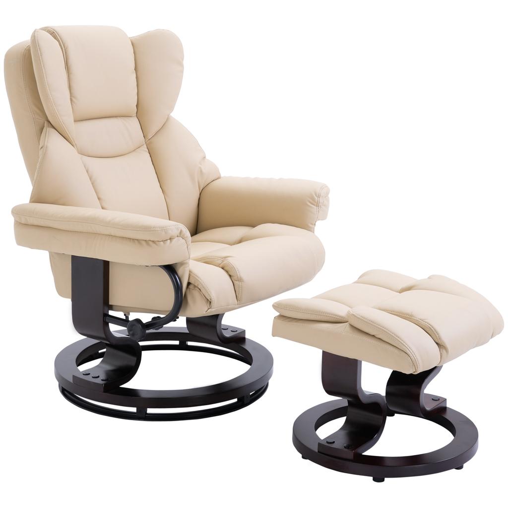 360 degrees Swivel Recliner Chair with Footstool, PU Leather Manual Recliner Armchair with Footstool, Solid Wood Base