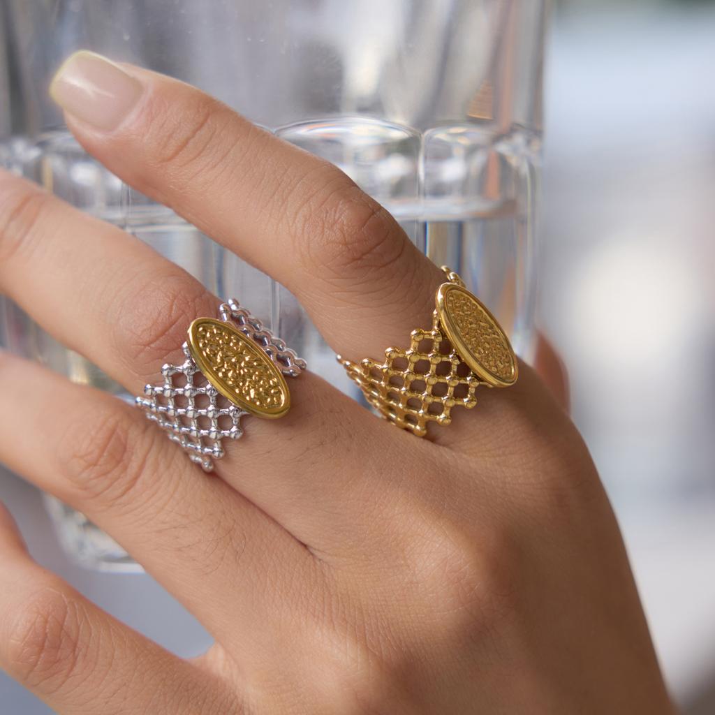 Youthway 18K Gold PVD Plated Stainless Steel Mesh Wide Open Ring For Women Y2K Punk Geometric Waterproof Ring Jewelry Gifts