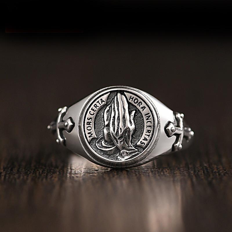 Men s Retro Thai Silver Prayer Hand Adjustable Ring Adjustable Open