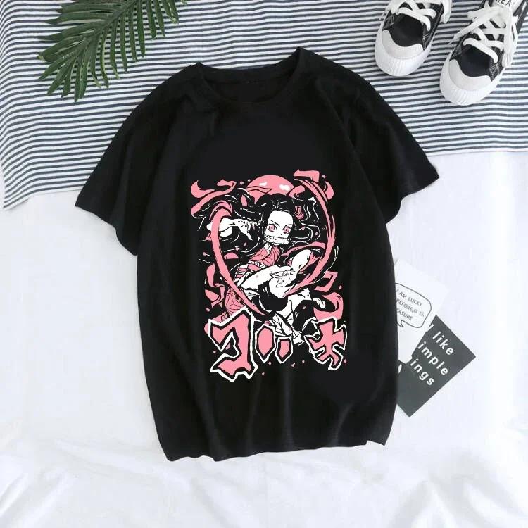 Women T-shirt Kaus Grafis Anime Demon Slayer Uniseks Tanjirou Kamado Kaus Wanita Kimetsu No Yaiba Nezuko Kaus Wanita